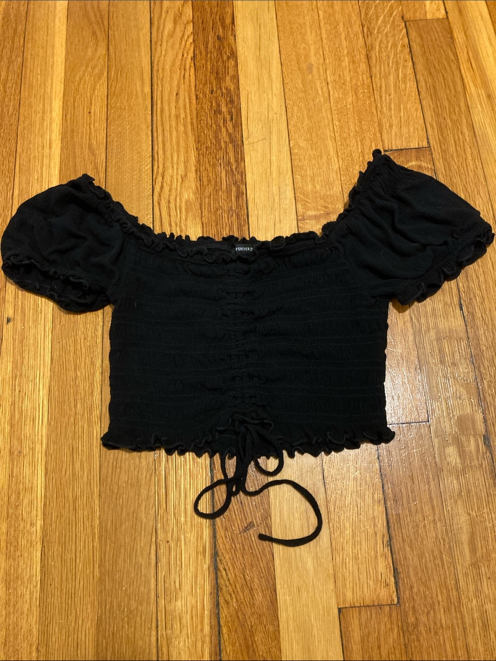 Forever 21 | Smocked Short Sleeve Crop Peasant Blouse with Adjustable Ties